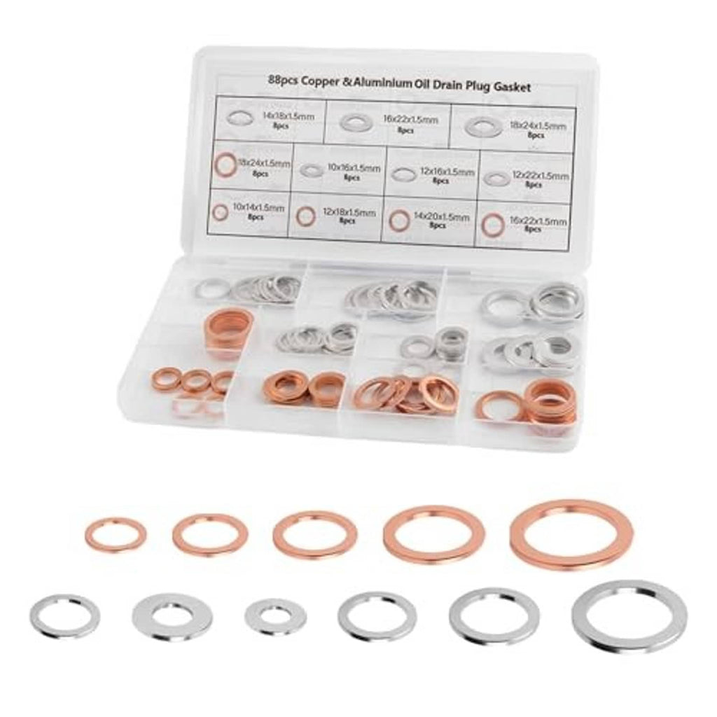 88-piece copper and aluminum oil drain plug gasket washer set, copper and silver rings