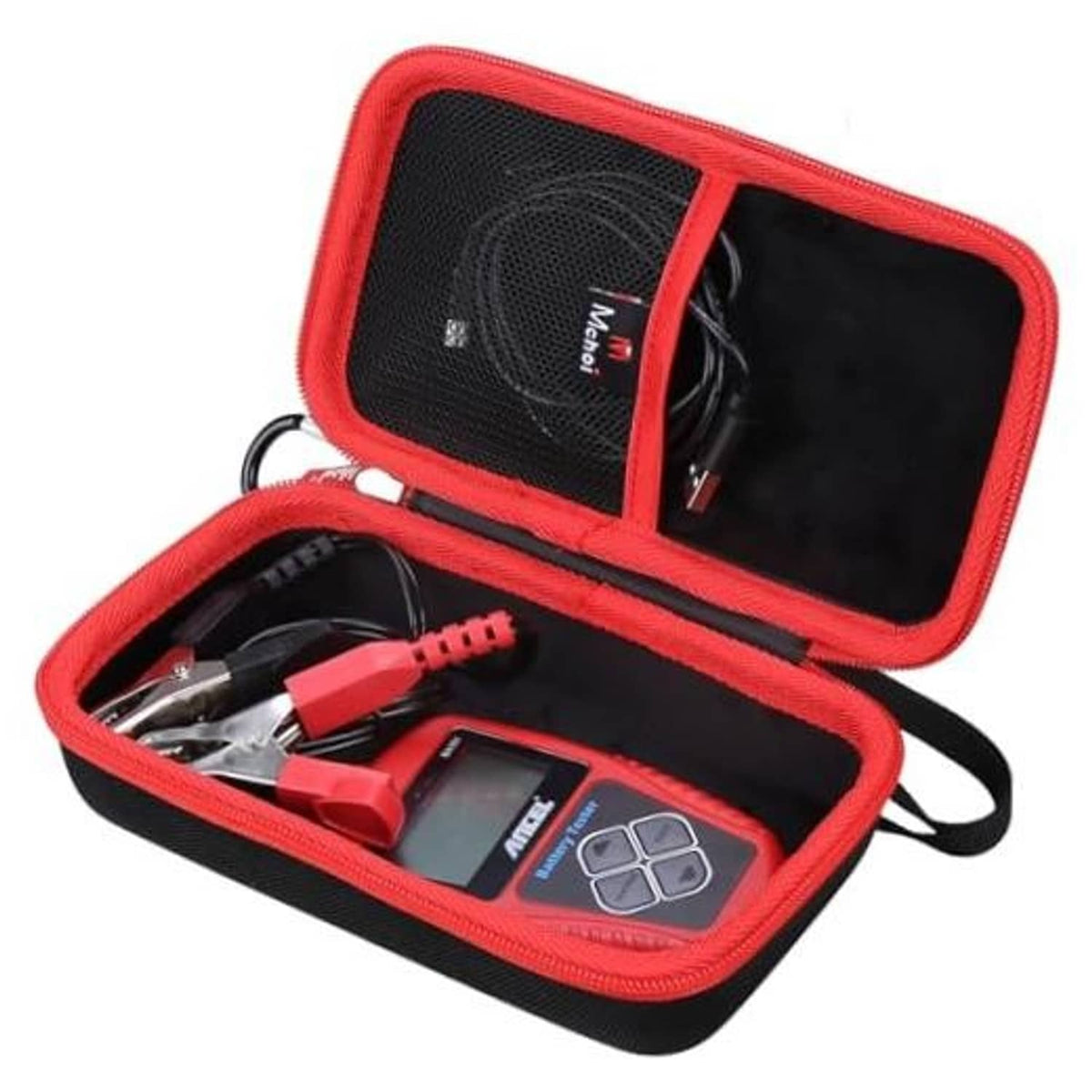 Red and black hard EVA carrying case, open with organizer pockets and elastic strap.