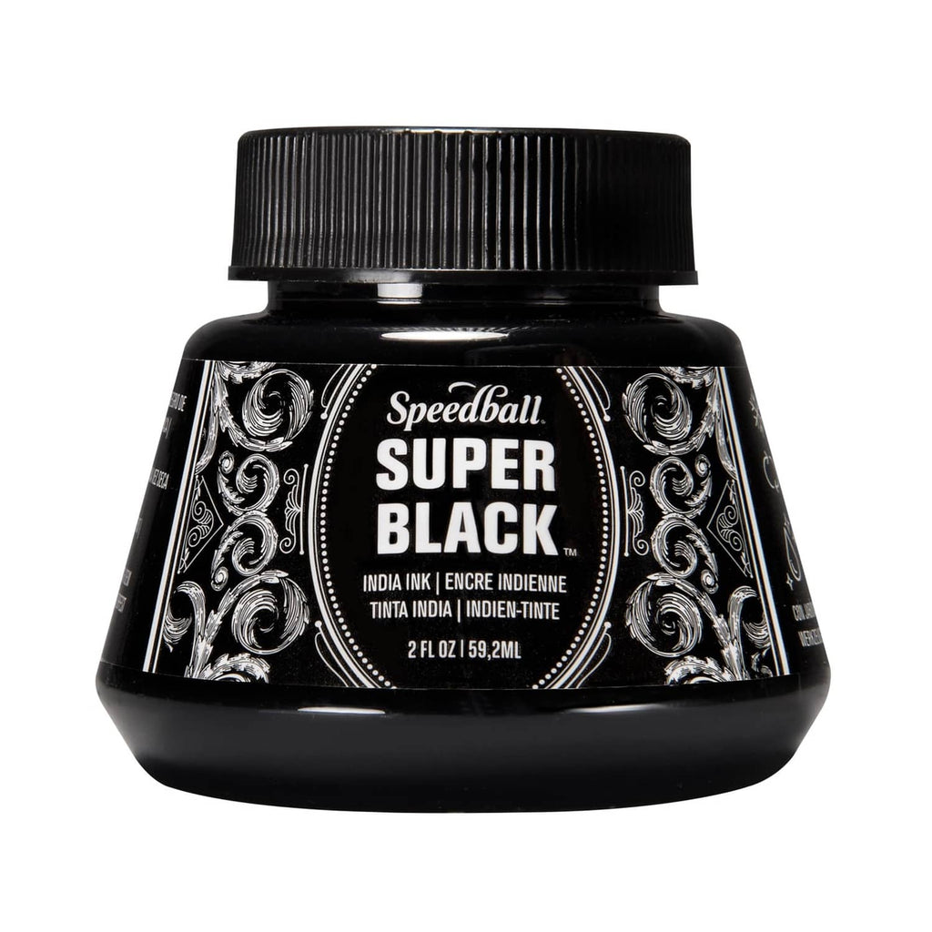 Black India ink bottle with ribbed cap, front view