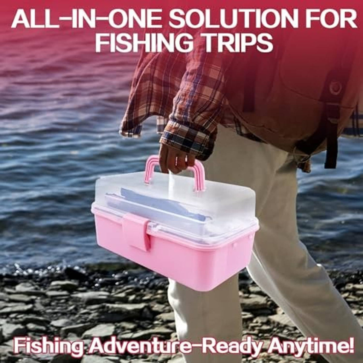 Pink tackle box with handle, held outdoors; clear top storage for fishing gear