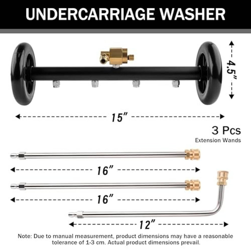 Undercarriage washer pressure sprayer with black axle bar, brass connector, and 3 wands
