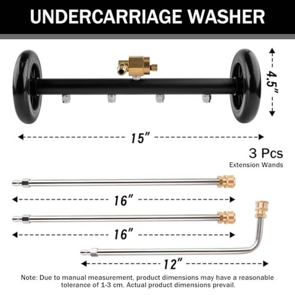 Undercarriage washer pressure sprayer with black axle bar, brass connector, and 3 wands
