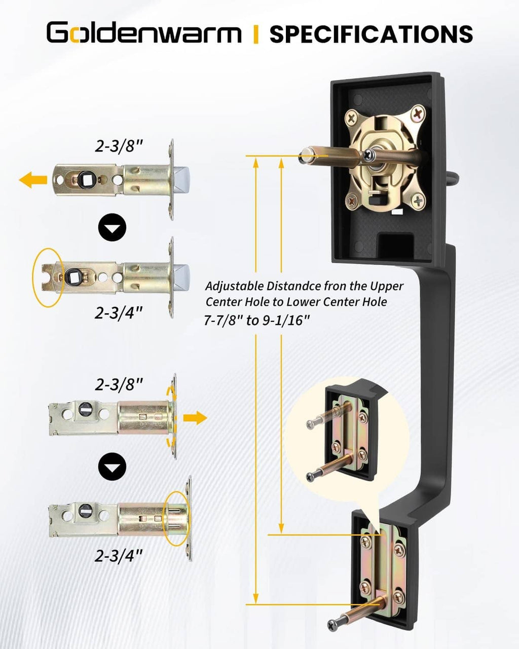 Black door lock mechanism diagram with adjustable spindle and mounting plate
