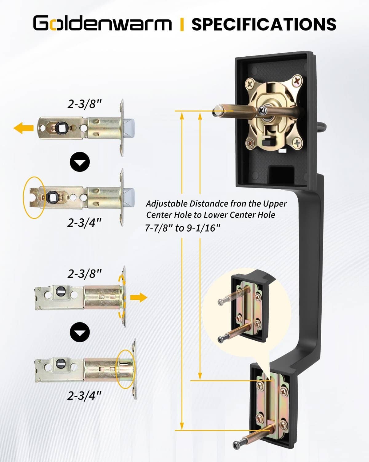 Black door lock mechanism diagram with adjustable spindle and mounting plate