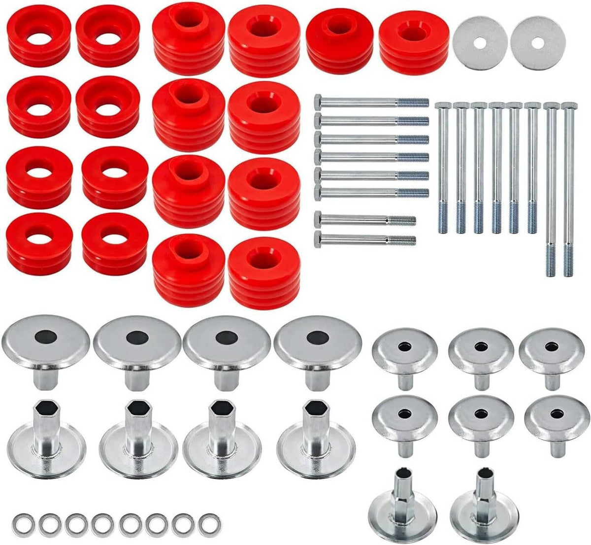 Cab mount bushing kit with red bushings, gray washers, and silver mounting studs.