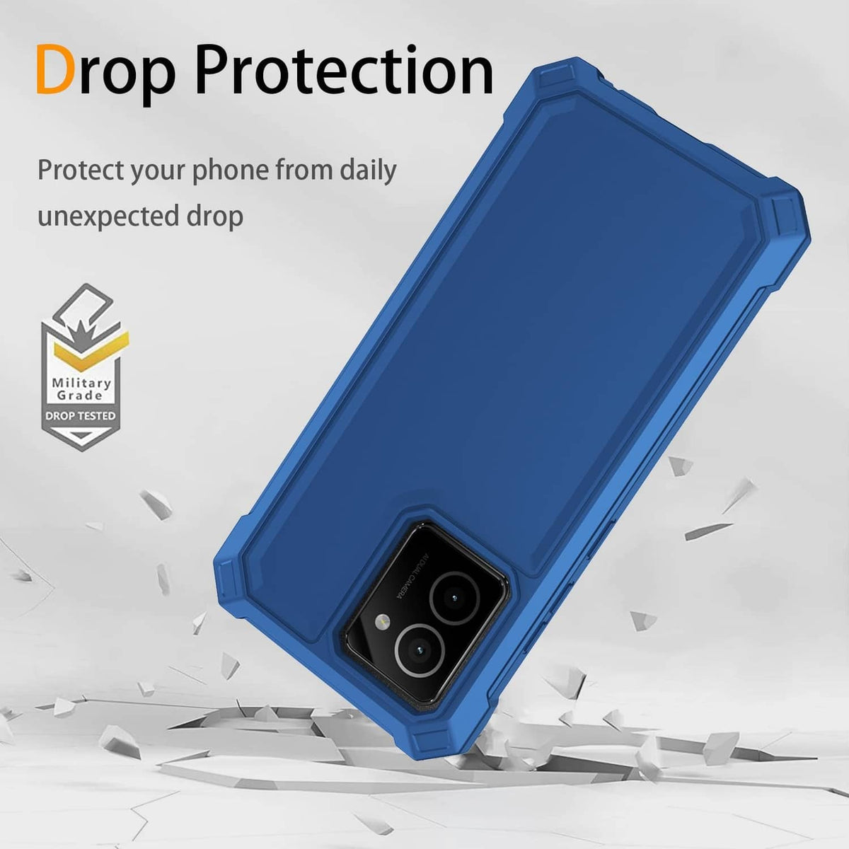 Blue drop-protection rugged phone case with shockproof corners and camera cutout