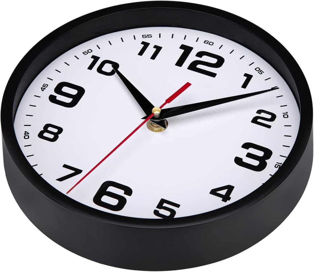Black analog wall clock with white face, bold numerals, red second hand, black hands