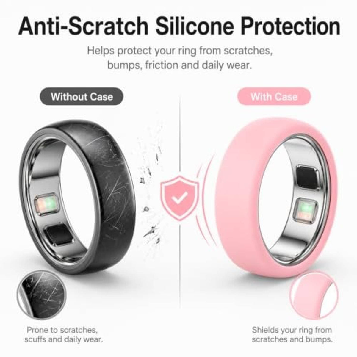 Anti-scratch silicone ring case in pink and black, shielding a metal ring
