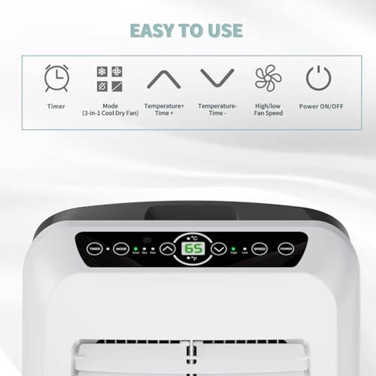 White portable air conditioner top control panel with display and air intake vent