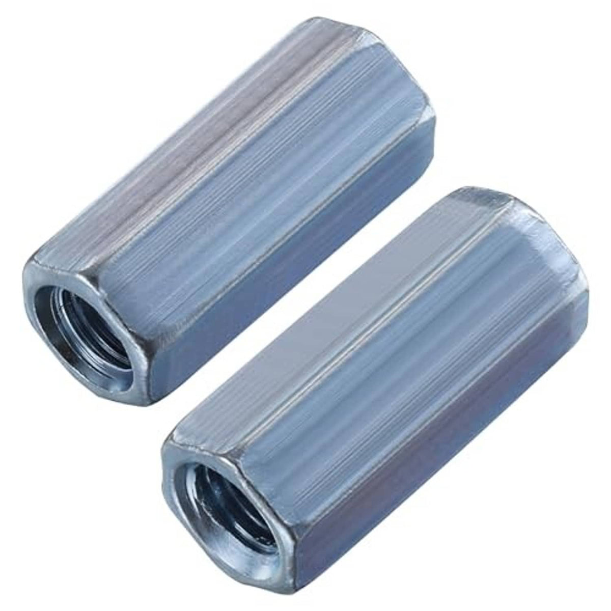 Extended hex rod coupling nuts with zinc-plated steel finish and threaded internal hole (2 pcs)
