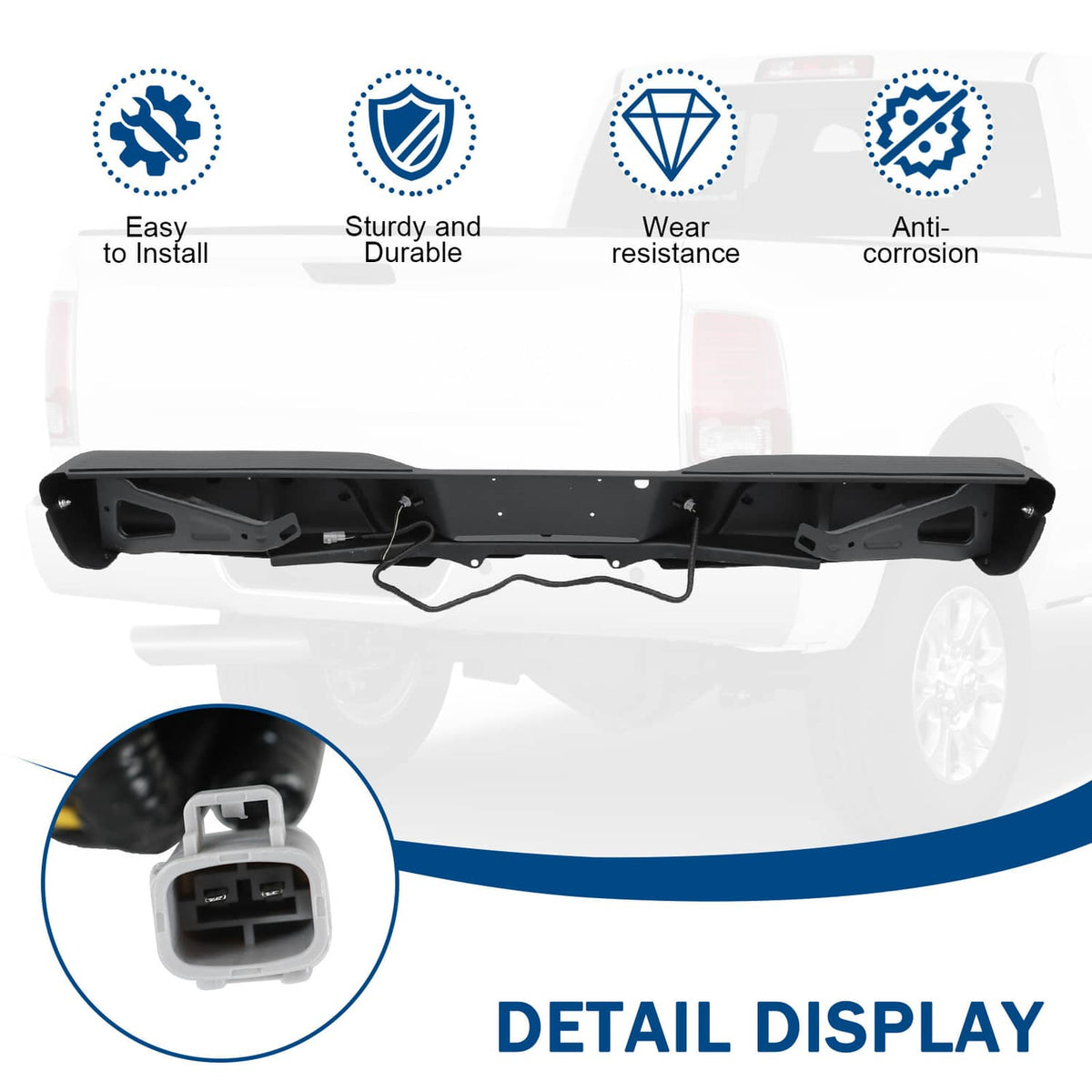 Black rear step bumper underside with mounting points and wiring connector