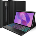 Black keyboard case with touchpad and RGB backlit keys, tablet stand in landscape