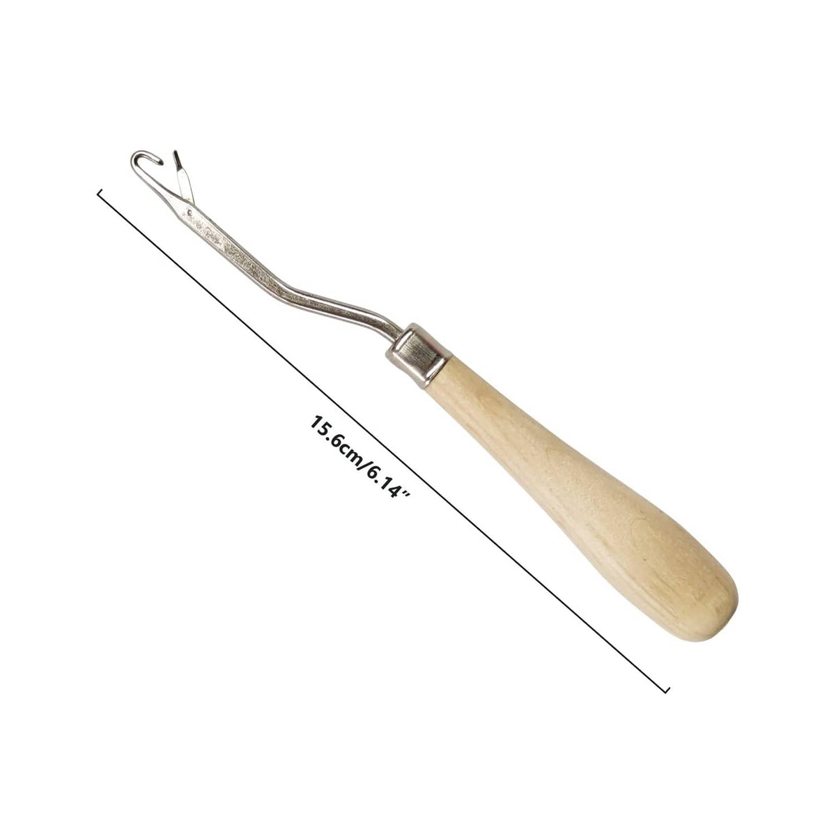 Latch hook tool with bent silver hook, light wood handle; 15.6 cm length
