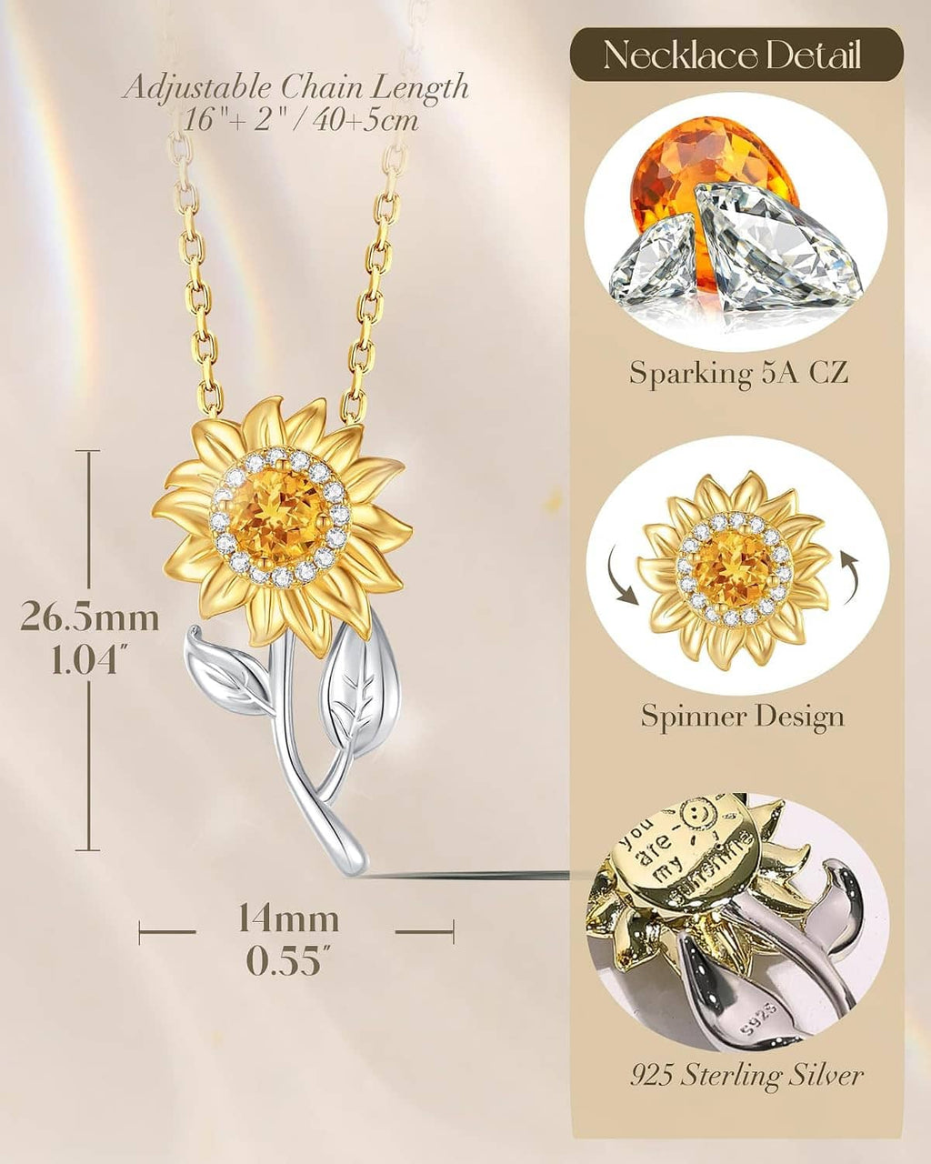 Sterling silver and gold-tone sunflower spinner necklace with adjustable chain