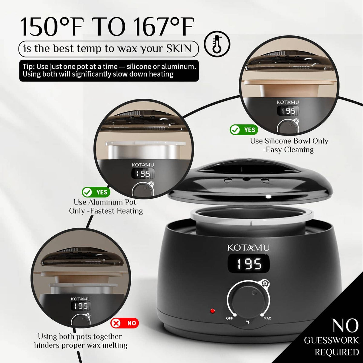 Hard wax warmer base with temperature display and inset heating temperature guide