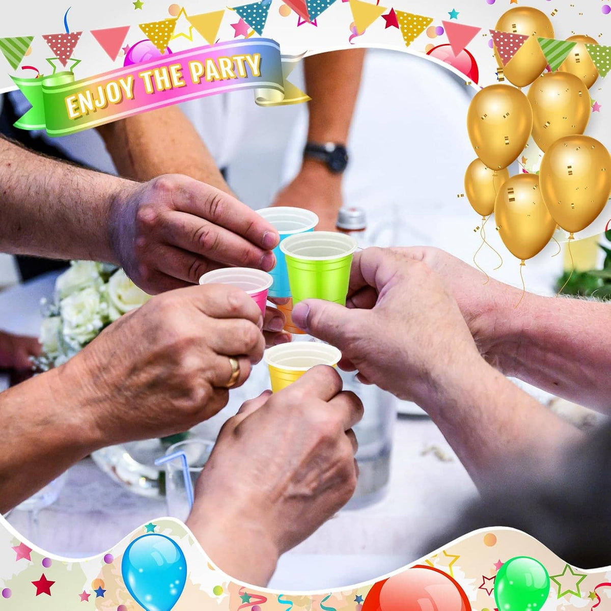 Assorted 2 oz plastic shot cups being filled at a party gathering