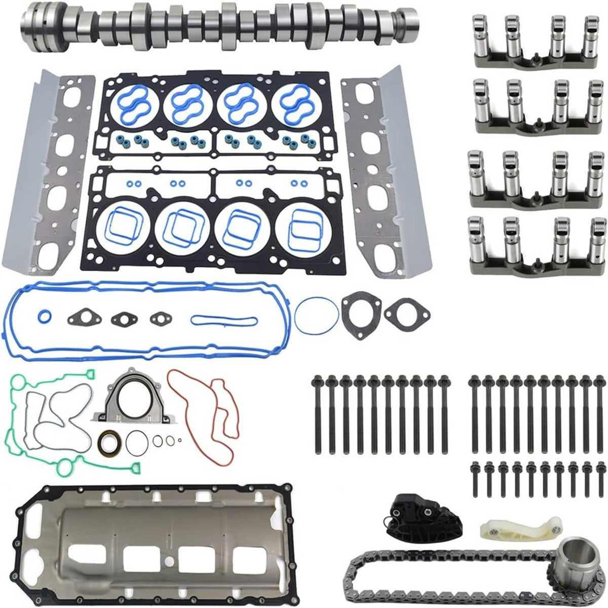 Engine gasket set and camshaft timing components kit with lifters and hardware