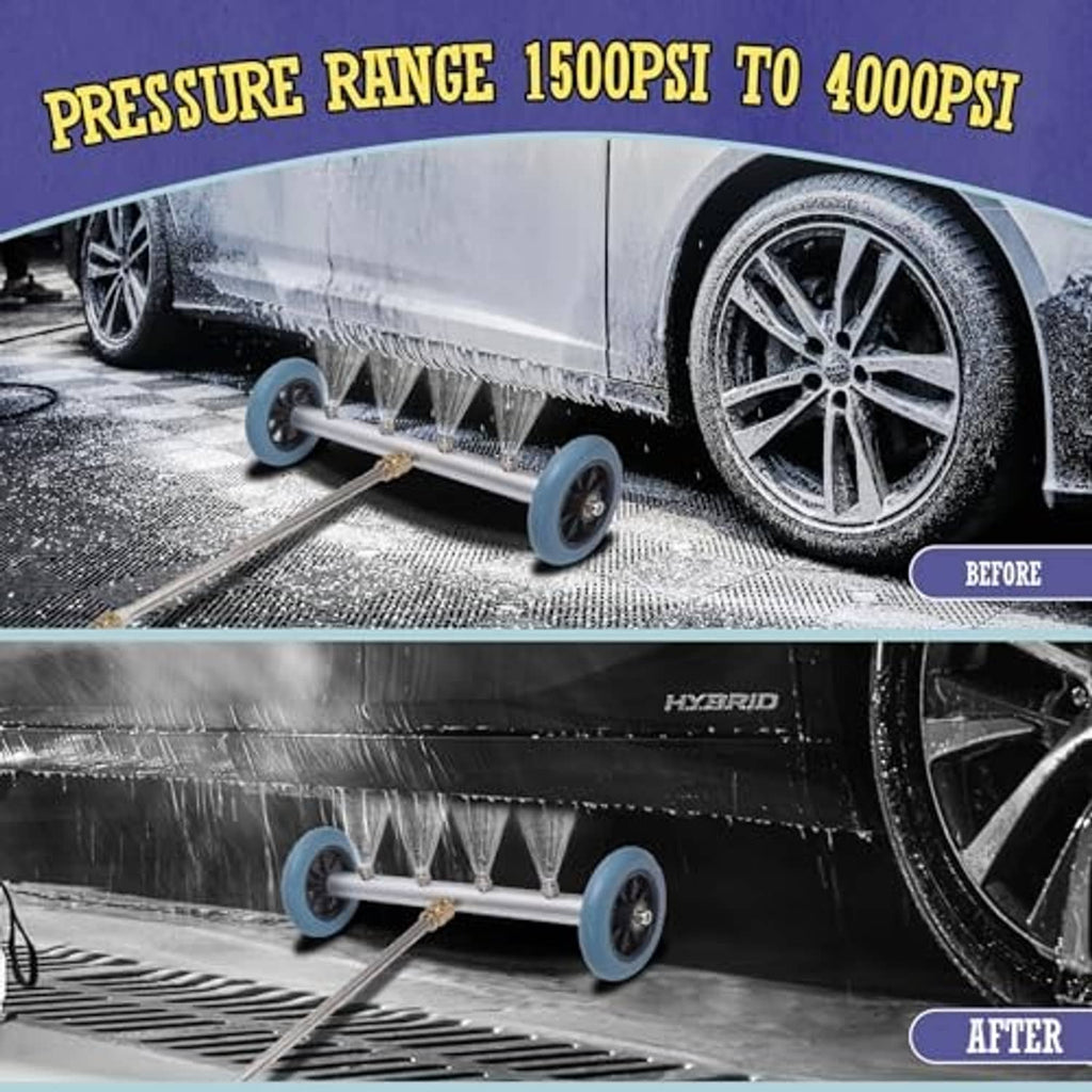 Undercarriage pressure washer cleaner with blue wheels and multiple downward spray nozzles