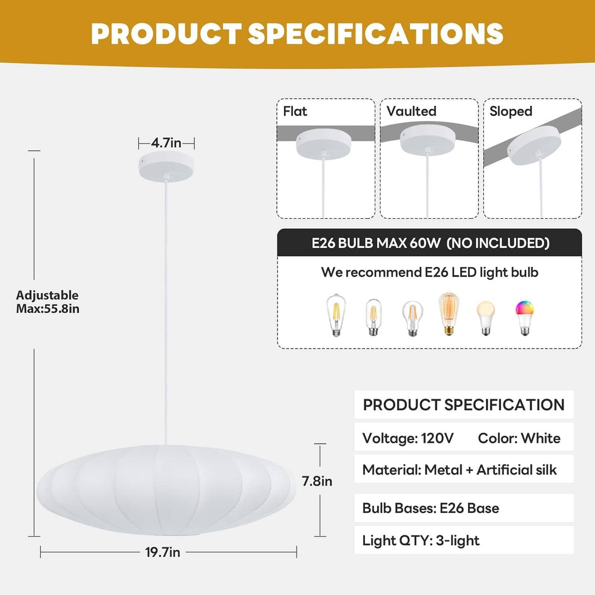 White bubble lantern pendant light product specifications graphic with dimensions