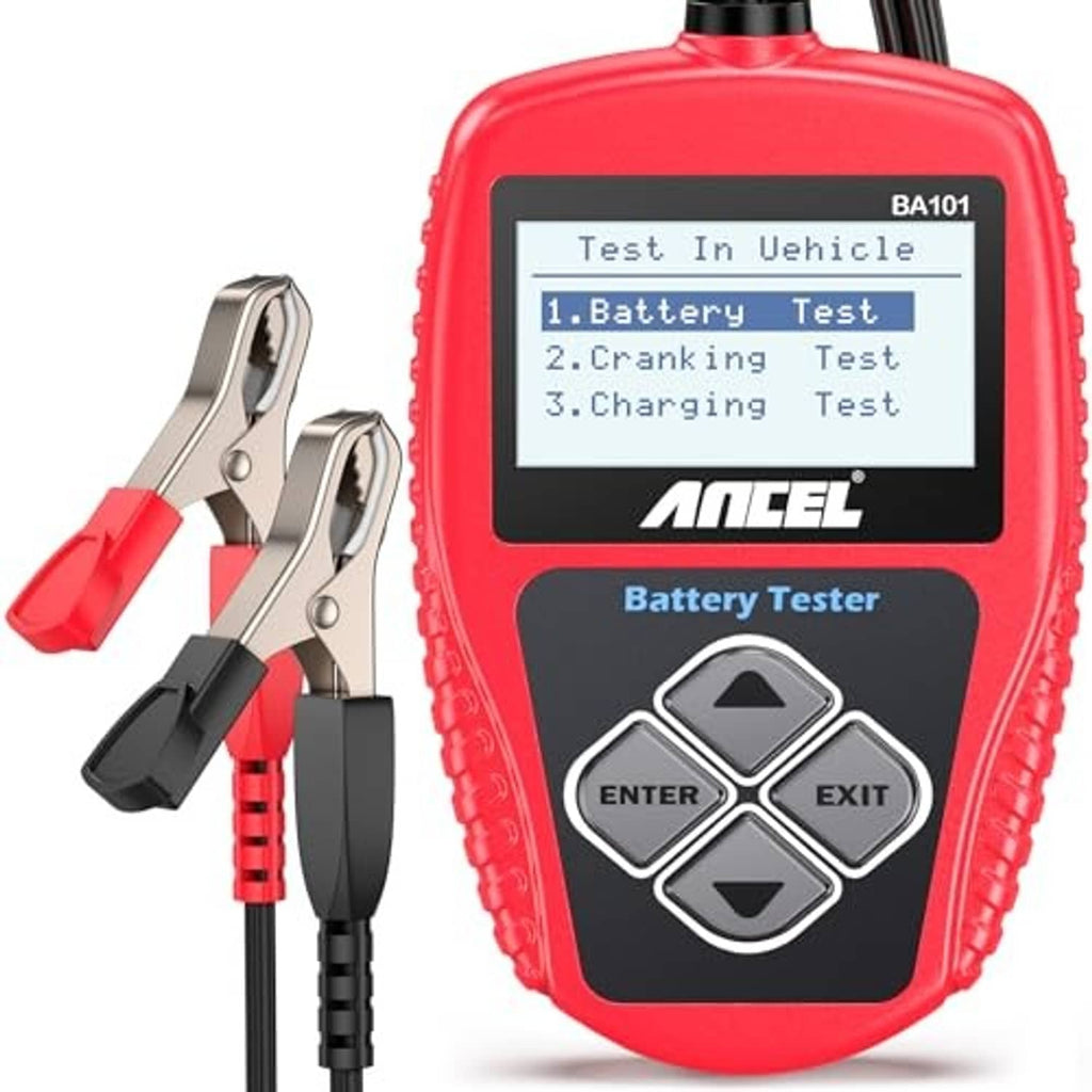 Car battery tester with LCD menu and red clamp leads, red and black handheld design.