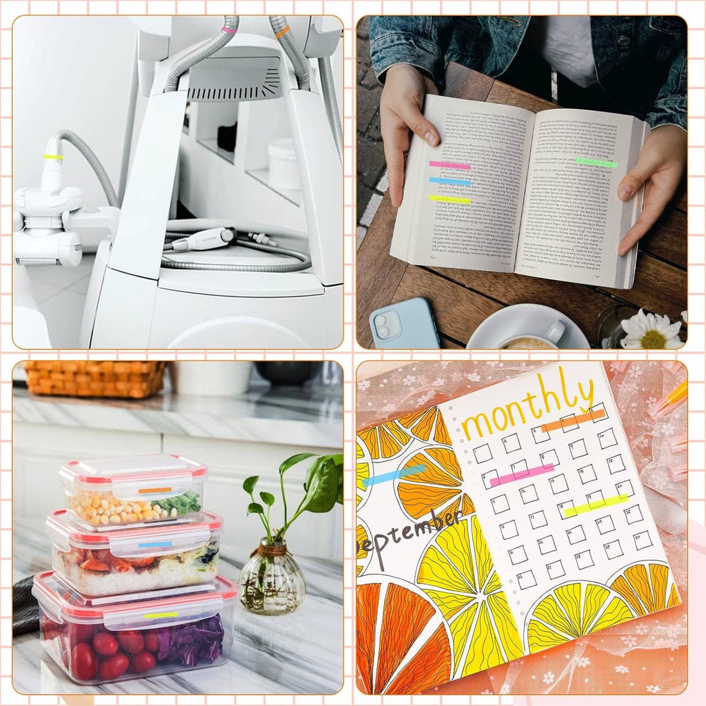 Colorful translucent highlighter tape markings on planner pages and documents