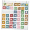 White classroom calendar pocket chart with colorful day and date pockets, hanging grommets