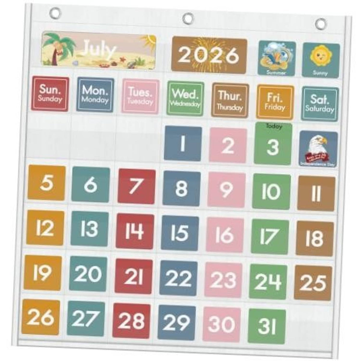 White classroom calendar pocket chart with colorful day and date pockets, hanging grommets