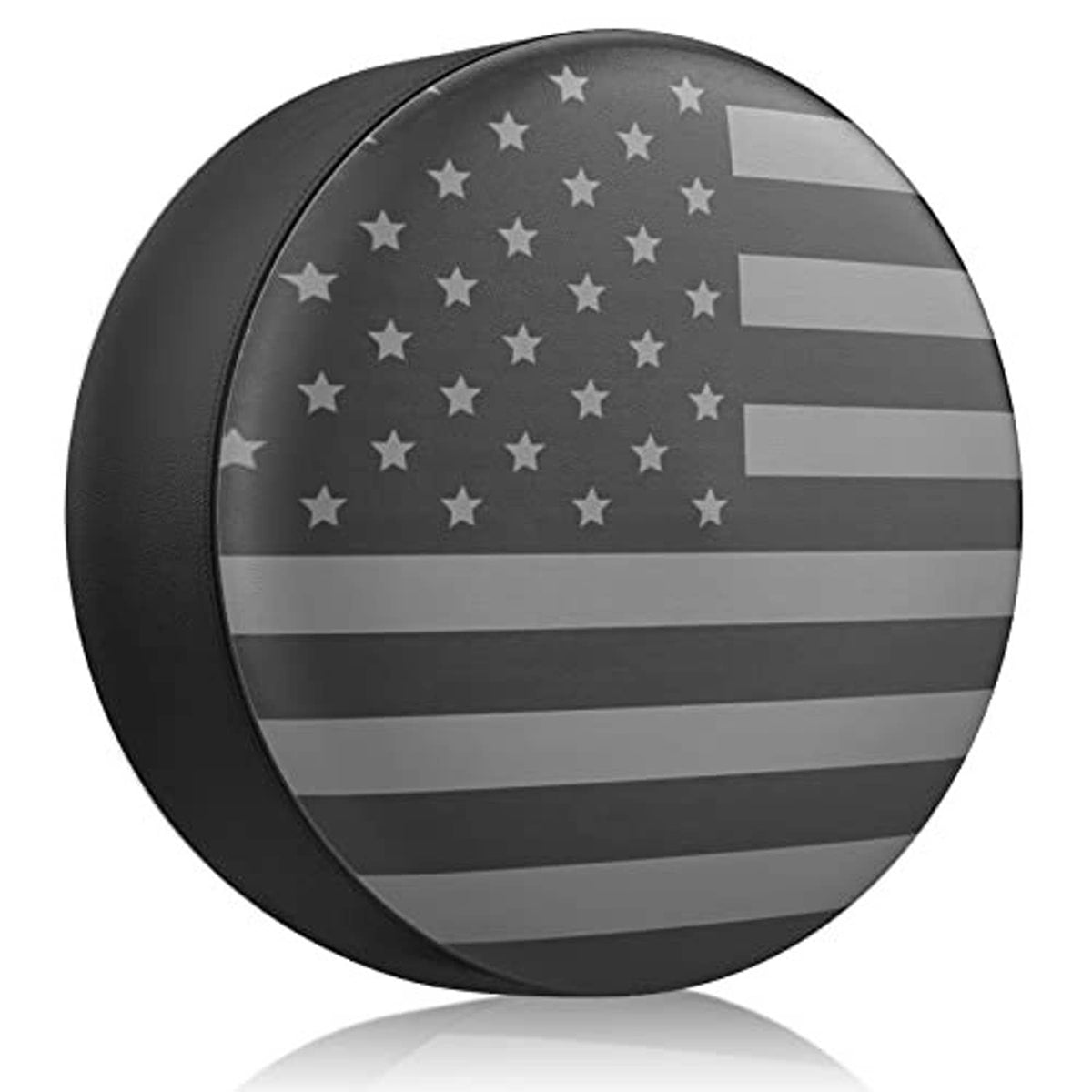 Round black spare tire cover with American flag stars and stripes for RV spare tire