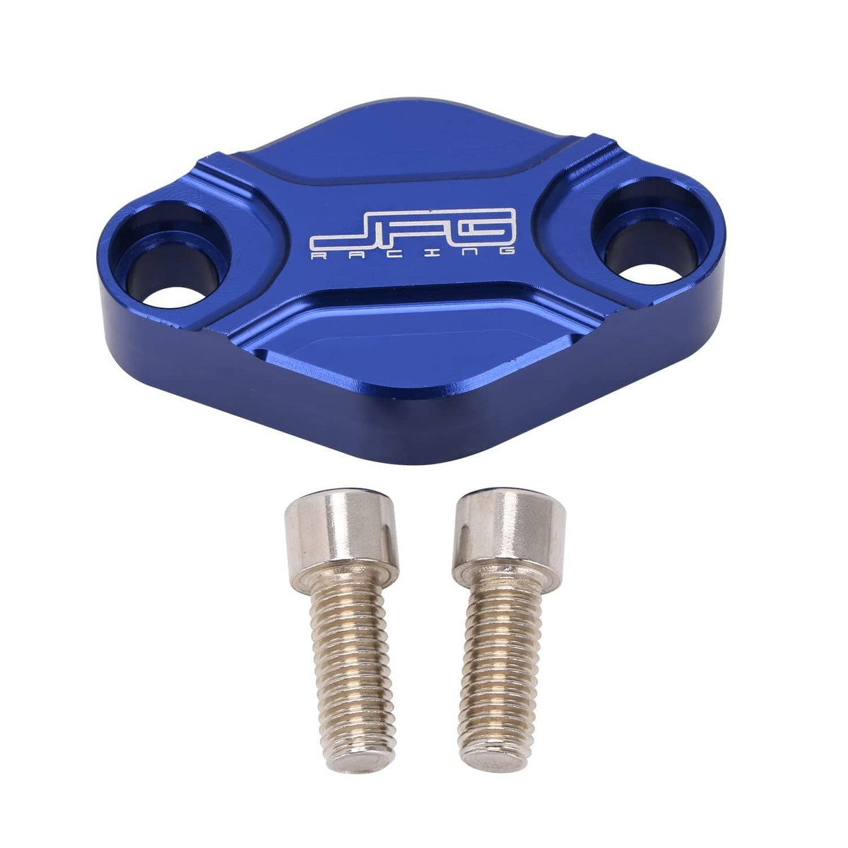 Blue CNC parking brake block-off plate with two circular bolt holes