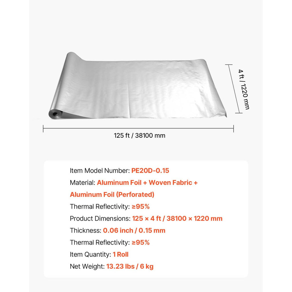 Reflective radiant barrier insulation roll laid flat, silver foil with white woven backing