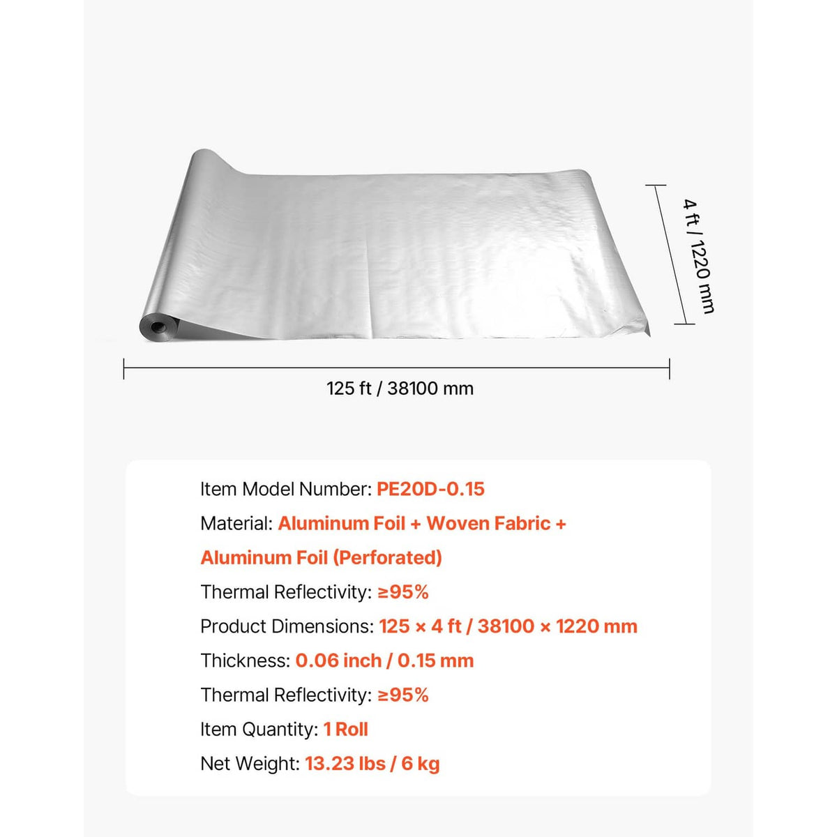 Reflective radiant barrier insulation roll laid flat, silver foil with white woven backing