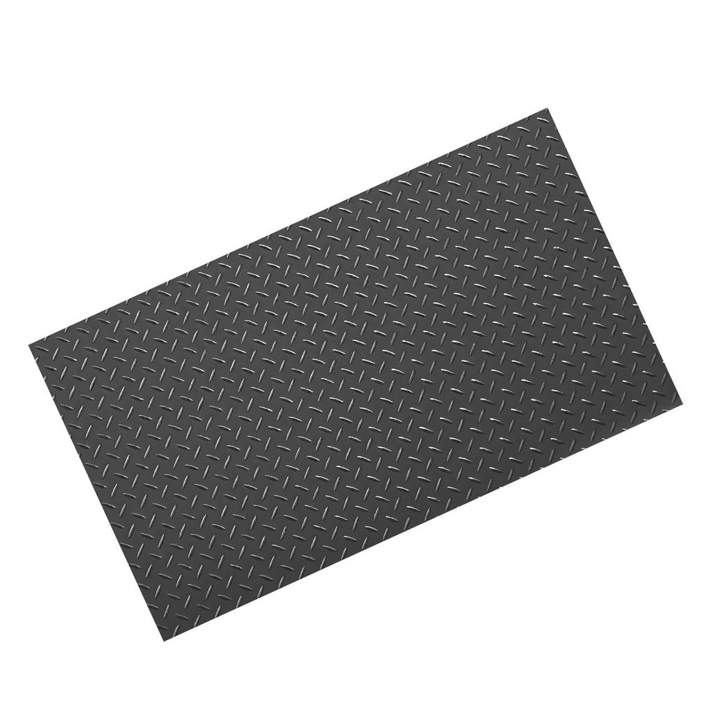 Black PVC diamond-pattern garage floor mat, rectangular sheet.