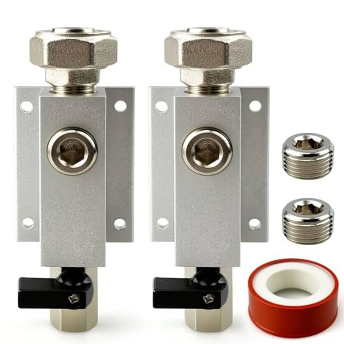 Air line outlet kit with two silver plate fittings, two threaded plugs, and PTFE tape