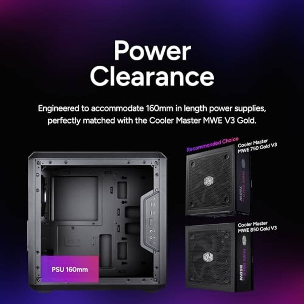 Black micro-ATX PC case shown open, with room for long power supply inside.