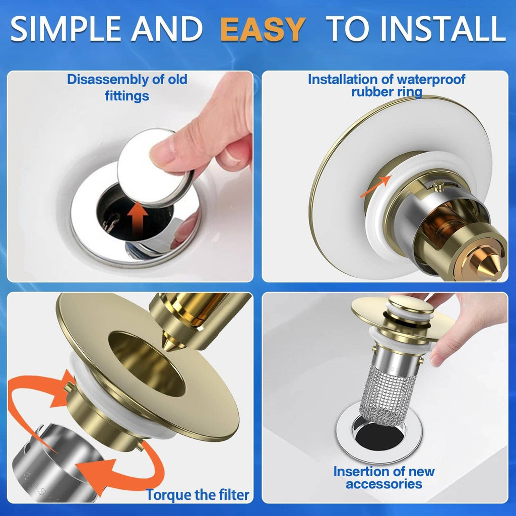 Brushed gold sink drain strainer stopper with rubber ring and mesh filter basket