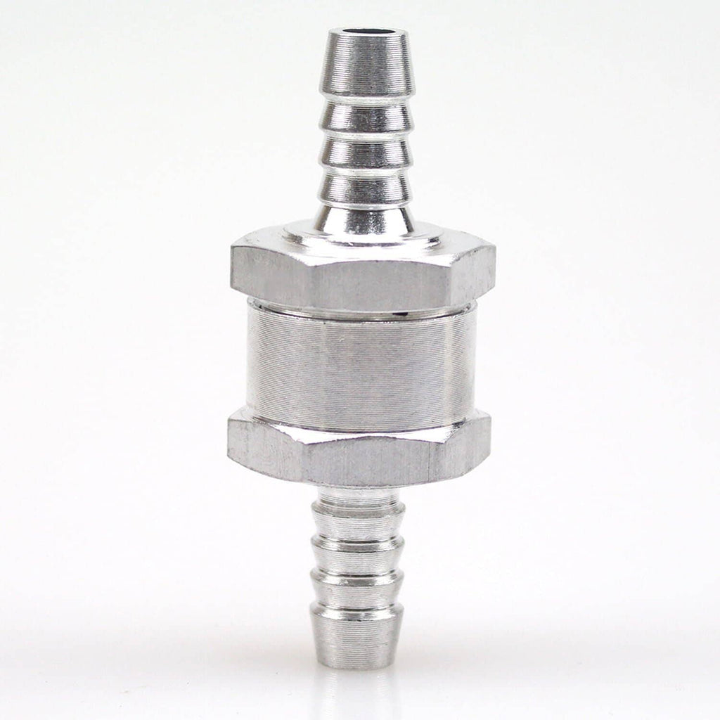 8mm fuel line check valve with barbed outlet, stacked ridges, and hex housing