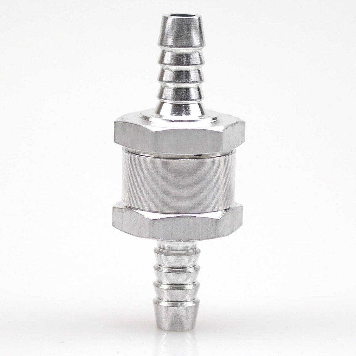 8mm fuel line check valve with barbed outlet, stacked ridges, and hex housing