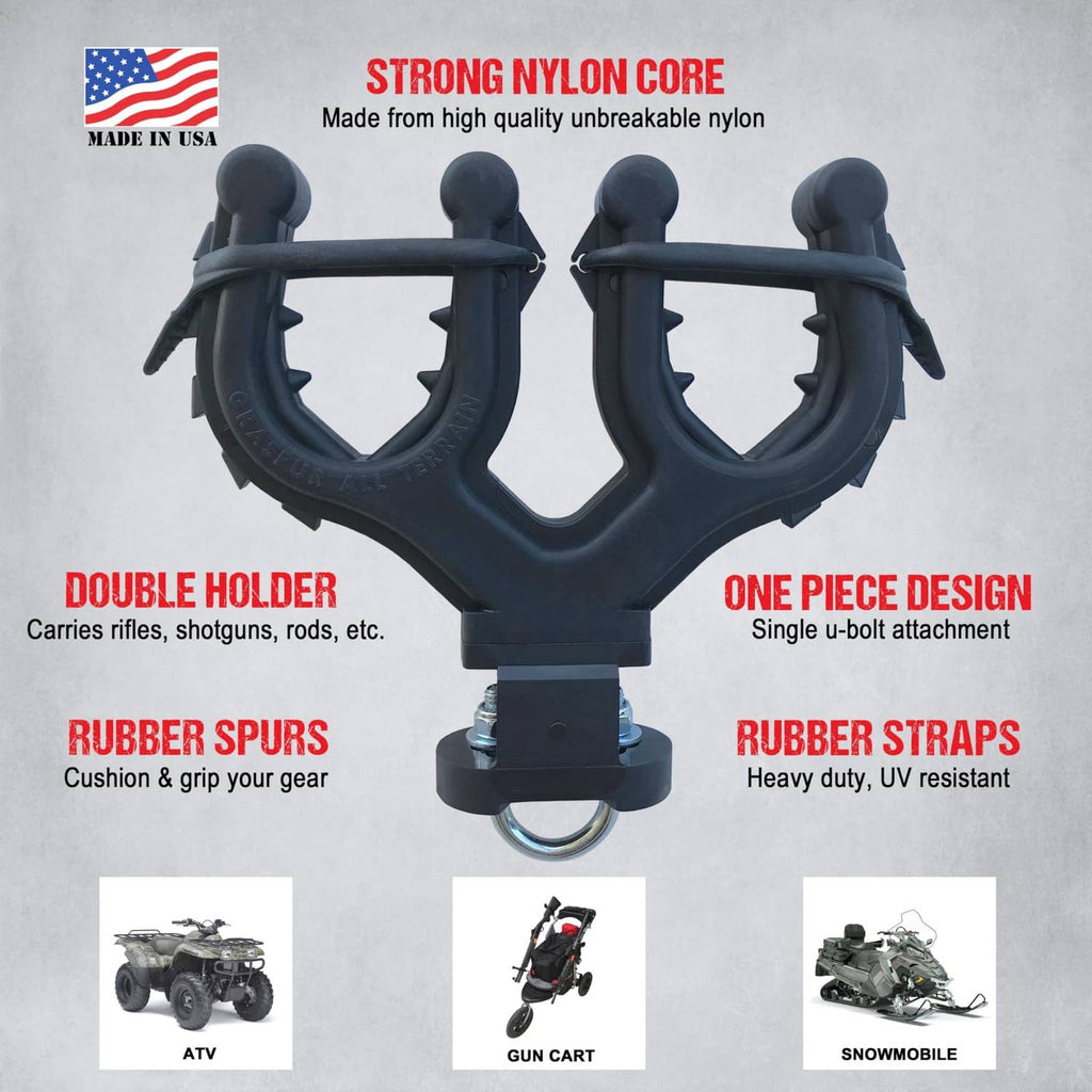 Double gun and bow rack with durable nylon holders, rubber spurs and straps; U-bolt mount.