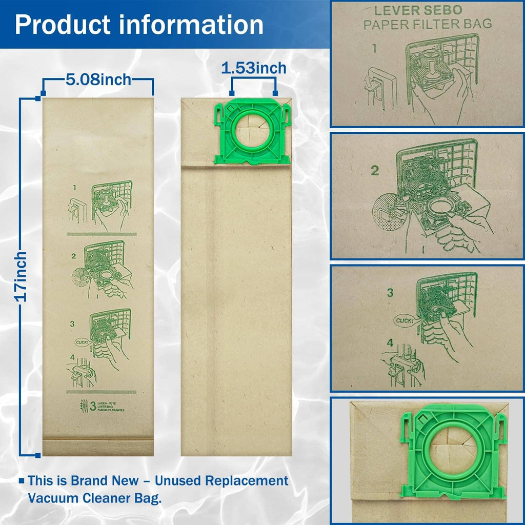 Beige vacuum filter bags with green latch ring, side-by-side close-up