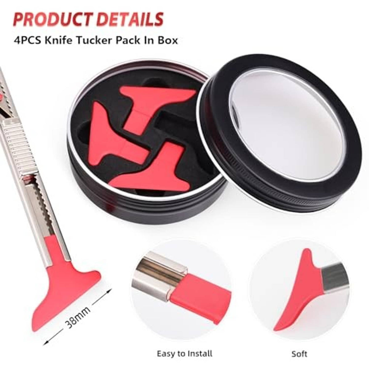 Knife tucker pack with two round cases and four-piece installer tools, red accents