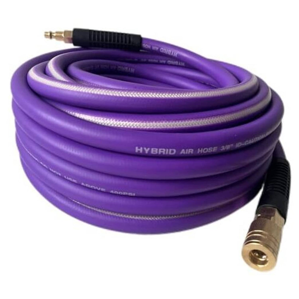 Purple hybrid air hose coil with brass fitting and black grip sleeve, 3/8 in