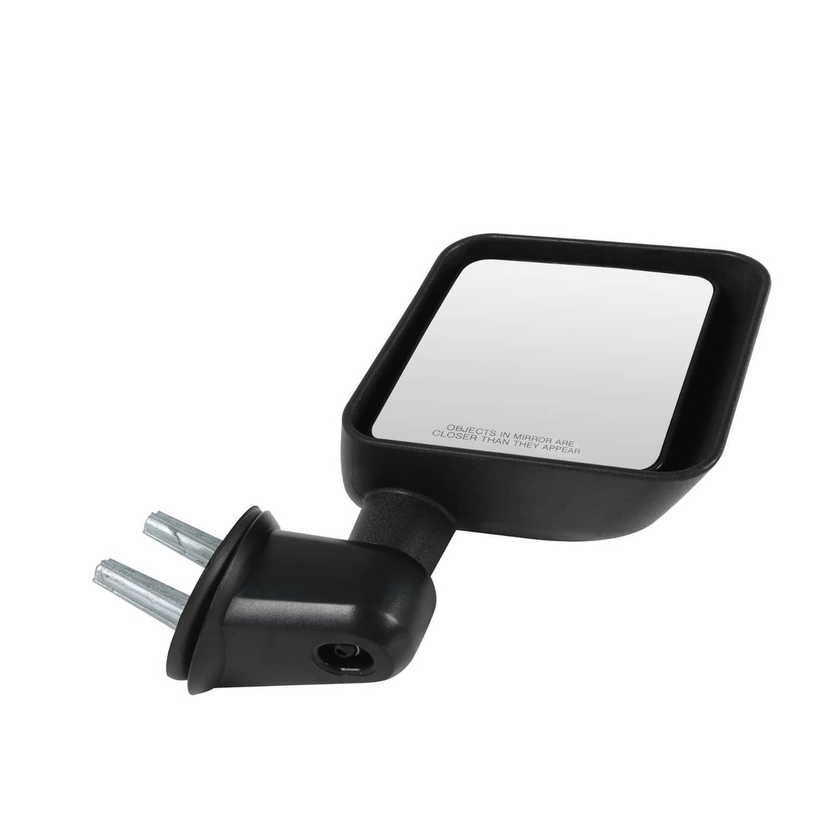 Black manual side mirror with rectangular glass, mounting arm, and metal studs