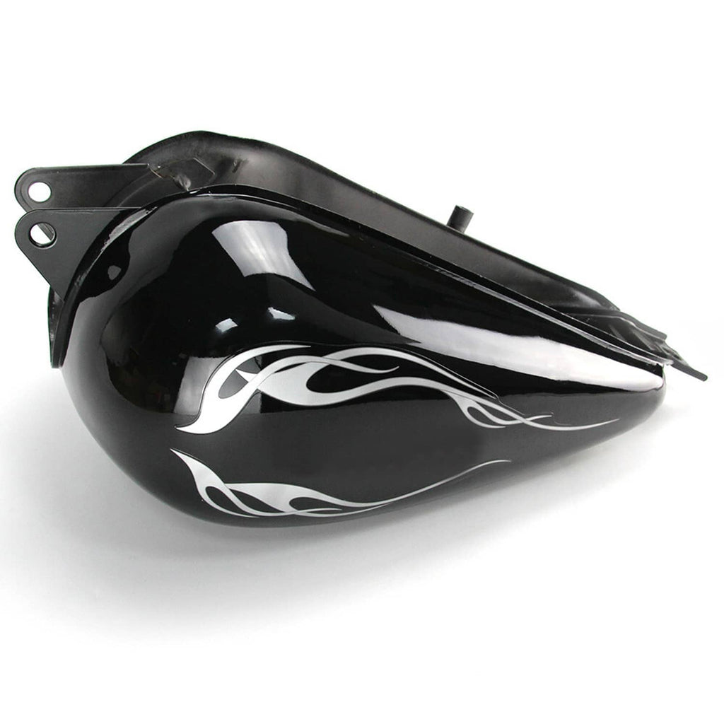 Black motorcycle fuel tank with silver flame decals and side mounting holes