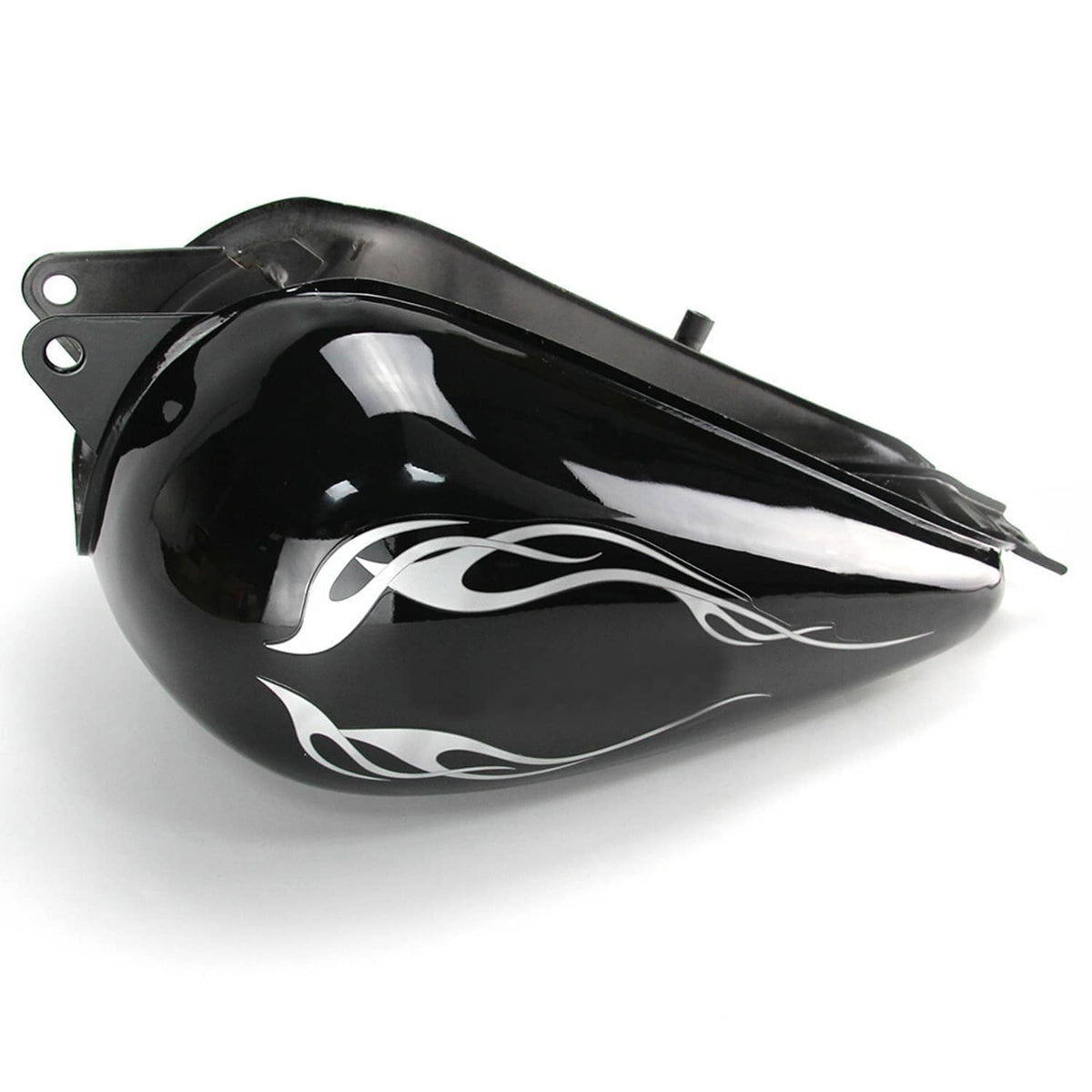 Black motorcycle fuel tank with silver flame decals and side mounting holes