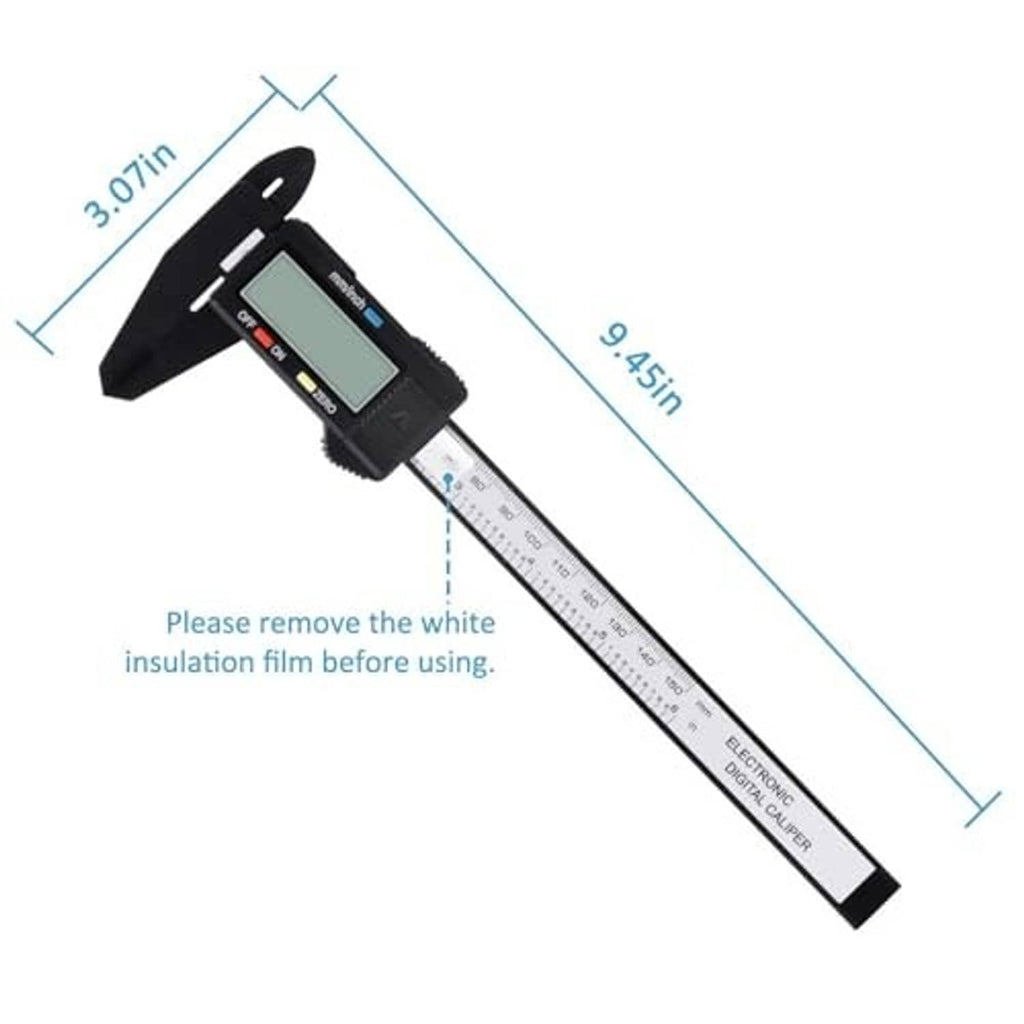 Black digital caliper with LCD display, measuring ruler, and dual jaw tips