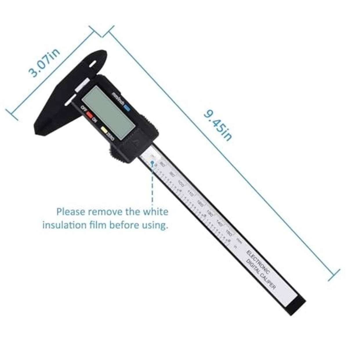Black digital caliper with LCD display, measuring ruler, and dual jaw tips