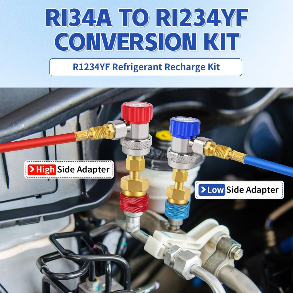 Conversion kit couplers with red and blue quick-connect adapters and brass fittings