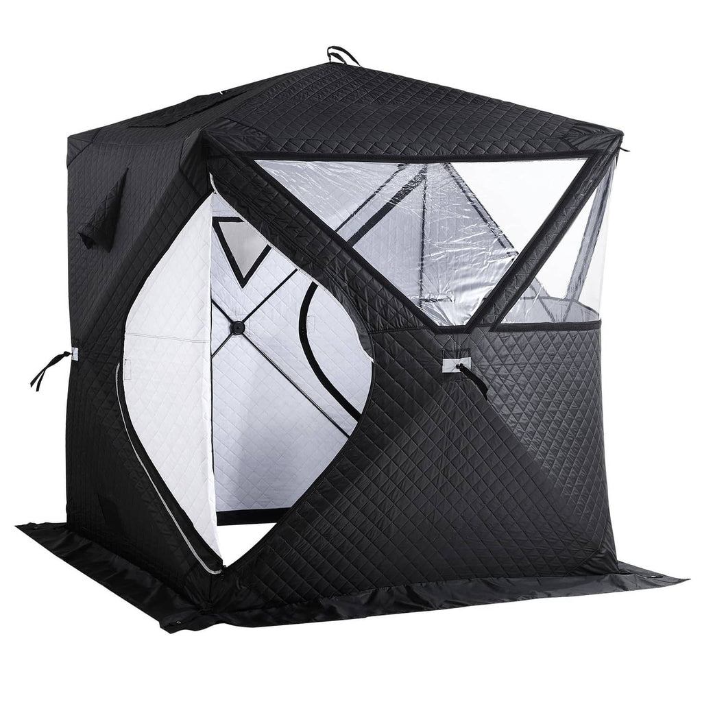 Black sauna tent with large front door opening and see-through window panels