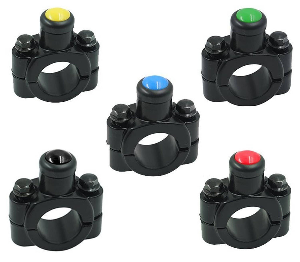 ATV handlebar kill switch multi-pack, black clamps with red, blue, green, yellow buttons