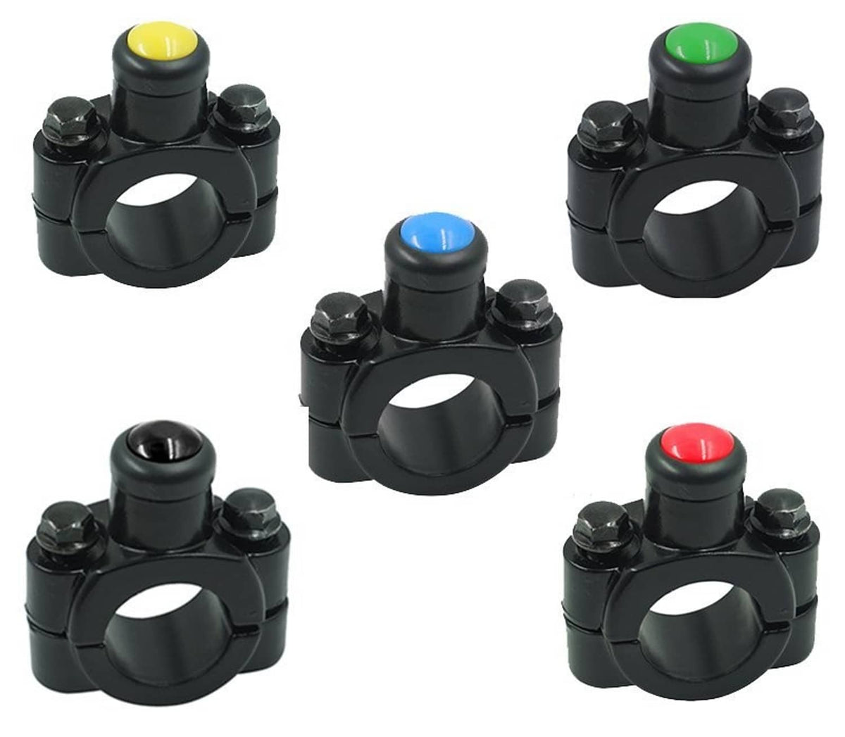 ATV handlebar kill switch multi-pack, black clamps with red, blue, green, yellow buttons
